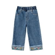 OFTZID Toddler Baby Girls Pants Children'S Clothes 2024 Fall Cute Casual Fashion Fan Solid Color Denim Wide Leg Trousers for Girl Size 2-3T